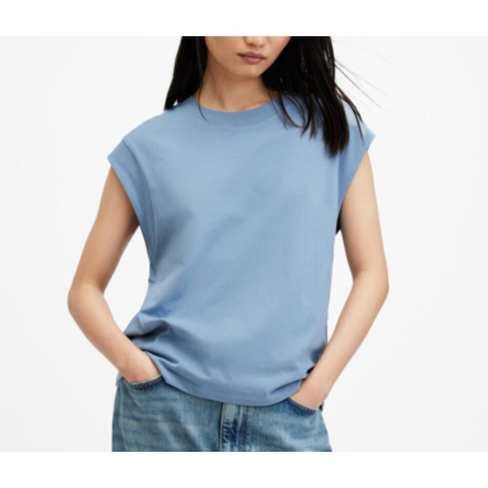 Allsaints Esme Cotton Crewneck T-shirt In Denim Blue Size 10